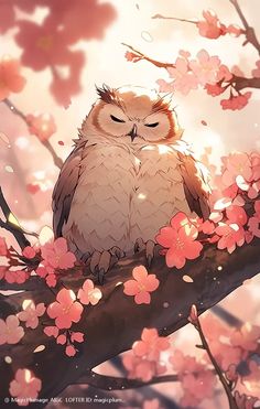 an owl sitting on top of a tree branch with pink flowers in the foreground