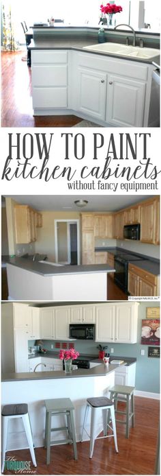 the kitchen cabinets are painted white and have black lettering on them that says, how to paint kitchen cabinets without fancy equipment