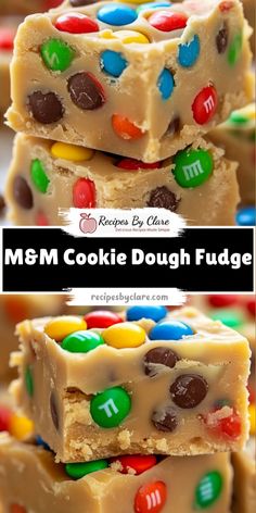 m & m cookie dough fudge bars stacked on top of each other