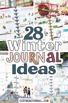 Winter-themed journal layouts with festive decorations and doodles, featuring various stationery and holiday motifs, titled "28 Winter Journal Ideas". Garden Crafts Diy, Spark Creativity