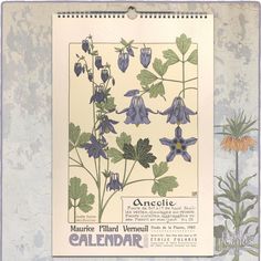 an old calendar with blue flowers on it