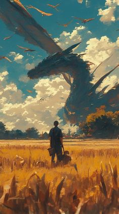 a painting of a man standing in a field with a dragon flying over his head