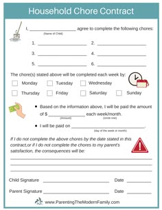 a printable worksheet for the housechore contact