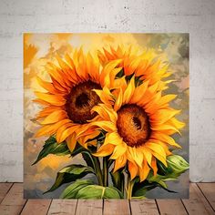 a painting of three sunflowers on a wooden floor