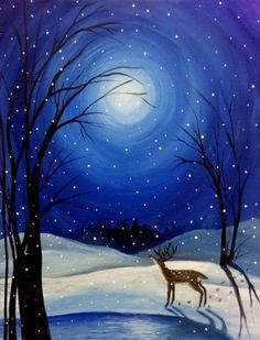 an acrylic painting of a deer in the snow at night with stars and moon