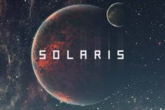 the title for solaris is shown in front of an image of planets