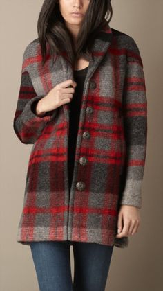 Burberry Check Wool Blend Coat in Red (grey melange/ dark damson red) - Lyst Blanket Coat, Iranian Women Fashion, Designer Coats, British Outfits, Car Coat, Stylish Dresses For Girls, Heritage Fashion, Coat Patterns, Wool Blend Coat