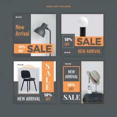 an orange and gray sale advertise with chairs, lamps and other items on it