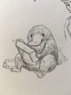 a drawing of a monkey sitting on the ground next to a person holding a book