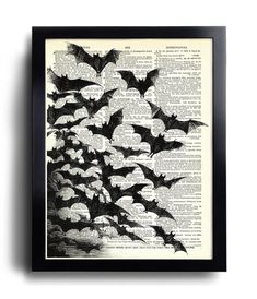 an old book page with bats flying in the sky on it's edges, and black frame