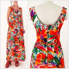 "70s Made in Hawaii abstract floral maxi dress. Soft acrylic woven fabric, high waistband with faux buttons and scooped back. Zips up the back with a hook and loop at the top. In great vintage condition - please see photos.  All measurements are taken with the garment laying flat and doubled for the bust, waist, and hips.  Bust: 34\" Underbust (top of waistband): 30\" can fit 31\" pulled tight Waist (bottom of waistband): 27\"  Hips: 42\" Length (shoulder to hem):55\" Label: \"Made in Hawaii\" Material: 100% Acrylic Size on Tag: N/A Approx. Fit: S  Some garments have been adjusted in photos to fit the form. Please reference measurements provided for true size.  *I don't accept returns so please ask any questions before purchase. I'm happy to provide additional pictures, details, or measure Retro Summer Maxi Dress, Spring Retro Print Maxi Dress, Spring Maxi Dress With Retro Print, 1970s Style Summer Maxi Dress, Vintage Summer Maxi Dress With Retro Print, Retro Multicolor Floral Print Maxi Dress, Multicolor Retro Maxi Dress With Floral Print, Fitted Retro Print Maxi Dress, Retro Lined Maxi Dress