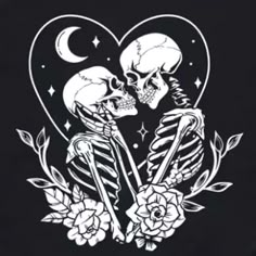 two skeletons holding hands in the shape of a heart with roses and crescent moon behind them