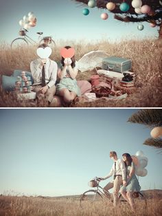 two pictures of people sitting in the grass with balloons and luggage on them, one is holding a heart shaped balloon