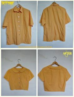 four pictures of different shirts hanging on a clothes hanger, and the same shirt is yellow