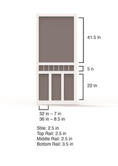 the measurements for an open bookcase with doors and shelves in white, grey and brown