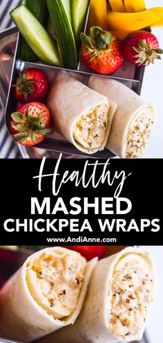 healthy mashed chickpea wraps with strawberries and cucumbers in the background