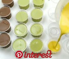 cupcakes with chocolate and green frosting in plastic cups on a white table