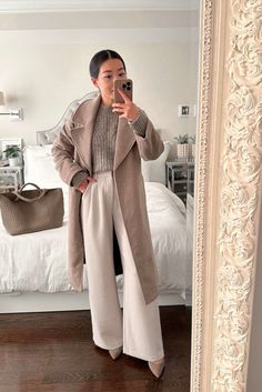 Sweater Tucking Tips & Tricks: How to Belt over a Dress Taupe Outfit, Clothes Alterations, Cold Weather Outfits Winter, Business Professional Outfits, Chic Coat, Winter Outfits Cold, Cozy Winter Outfits