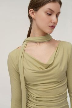 Fibflx Women's Casual Long Sleeve Cowl-Neck Base Layer With Neck Scarf Brushing Technique, Lime Sherbet, Tank Top Skirt, Black Backless Dress, Silk Knit, Tie Design, Cowl Neckline, Casual Hat, Comfort Wear