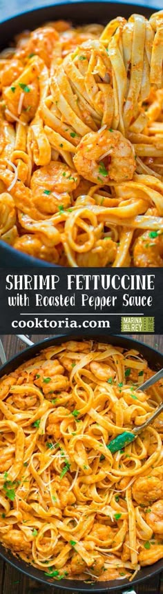 shrimp fettuccine with roasted pepper sauce in a skillet