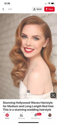 60s Waves Hairstyles, Hollywood Glam Bridesmaid Hair, Side Swept Hollywood Waves, Bridesmaid Hair Vintage, Vintage Long Hair, Italy Hair, Pretty Redheads, Medium Length Curls