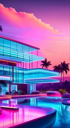 an image of a building that looks like it is lit up with neon lights and palm trees in the background