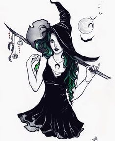 a drawing of a woman dressed as a witch holding a wand and wearing a hat