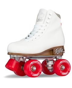 a pair of roller skates with red wheels