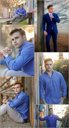 a man in blue shirt and tie posing for pictures