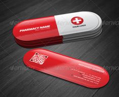 two red and white business cards with qr code on the front, one for pharmacy