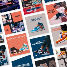 the new collection of nike shoes is displayed in this collage with multiple colors and styles