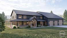 this is an artist's rendering of a modern farmhouse style home with two garages