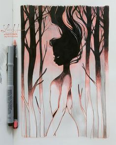 a drawing of a woman standing in the woods with her hair blowing in the wind