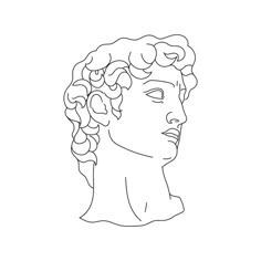 a black and white line drawing of a head of a man with curly hair in profile