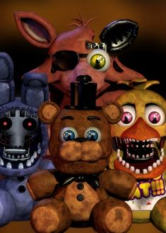 five creepy looking stuffed animals sitting next to each other