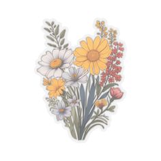 a bouquet of flowers is shown on a sticker that has been drawn in the shape of a heart