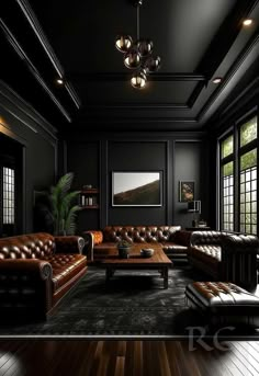 a living room with black walls and leather furniture