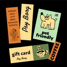 four different types of dog cards on a black background, with coffee and dogs in them