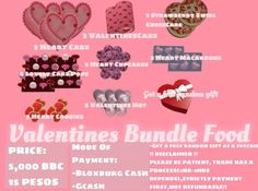 valentine's bundle food price flyer with hearts and other items on pink paper background