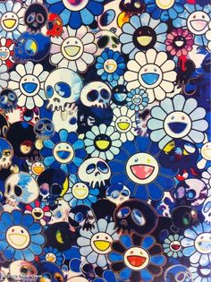 an abstract painting with flowers and skulls on it