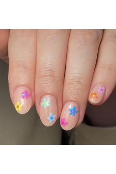 Flower Press on Nails Short Almond Spring Fake Nails Nude Full Cover False Nails with Colorful Floral Designs Glossy Glue on Nails Spring Summer Cute Nails for Women Girls 24Pcs Nailart Short Nails, Cute Short Nail Art, Preppy Nails, Short Oval Nails, Floral Nail Designs, Flower Nail Designs, Color Nails