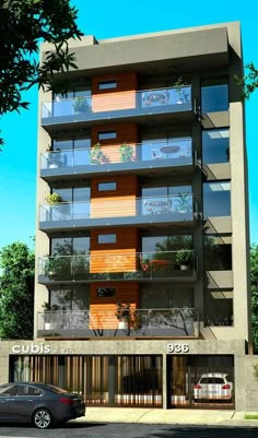 an artist's rendering of a modern apartment building with balconies on the second floor