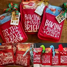 red bags with white writing on them and bows around the handles are sitting on a table