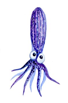 an octopus with large eyes and purple tentacles is shown in this watercolor drawing by artist mark