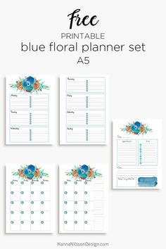 the free printable blue floral planner set is shown in three different sizes and colors