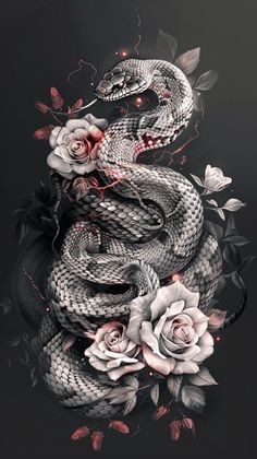 a snake with roses and leaves on it