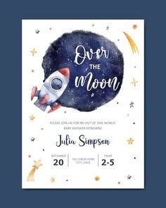 a blue and white space themed birthday card with the words over the moon on it