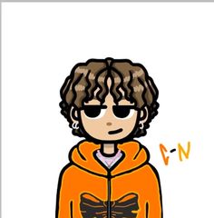 a drawing of a person wearing an orange hoodie and black sunglasses with a bow on it