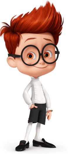 a cartoon boy with red hair wearing glasses and a white shirt is standing in front of the camera