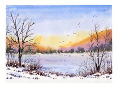 watercolor painting of winter scene with birds flying over the lake and trees in the foreground